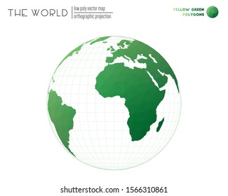 Polygonal world map. Orthographic projection of the world. Yellow-Green colored polygons. Contemporary vector illustration.