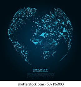 Polygonal world map. Point and line composition. Global network connection continent and planet, vector illustration.