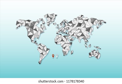 Polygonal world map with pointers mark communication, line composition and design of infographics. vector illustration.