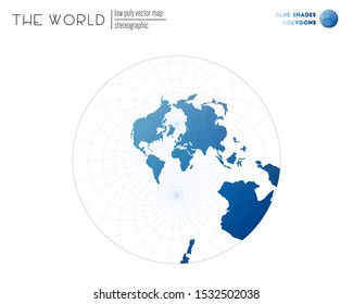 Polygonal world map. Stereographic projection of the world. Blue shades colored polygons. Awesome vector illustration.