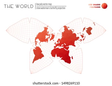 Polygonal world map. Steve Waterman's butterfly projection of the world. Red Shades colored polygons. Stylish vector illustration.