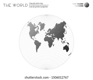 Polygonal world map. Van der Grinten II projection of the world. Grey shades colored polygons. Energetic vector illustration.