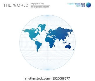 Polygonal world map. Van der Grinten III projection of the world. Yellow Green Blue colored polygons. Beautiful vector illustration.