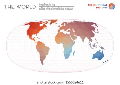 Polygonal World Map. Waldo R. Tobler's Hyperelliptical Projection Of The World. Red Yellow Blue Colored Polygons. Beautiful Vector Illustration.