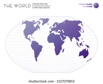 Polygonal world map. Winkel tripel projection of the world. Purple Shades colored polygons. Beautiful vector illustration.