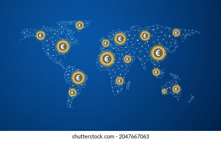 Mapa del mundo poligonal con signo de la moneda amarilla en euros sobre fondo azul. Ilustración vectorial.