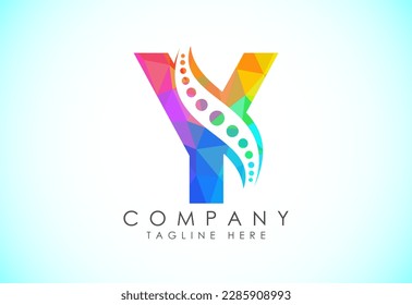 Polygonal Y alphabet with chiropractic spine logo. Low poly style spinal care icon for business and company identity.