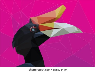 Polygonal Yellow Billed Hornbill Great hornbill, Great indian hornbill, Great pied hornbill, Hornbill exotic tropic bird vector isolated on gradient polygon background