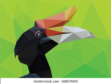 Polygonal Yellow Billed Hornbill Great hornbill, Great indian hornbill, Great pied hornbill, Hornbill exotic tropic bird vector isolated on gradient polygon background