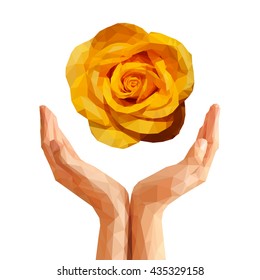 polygonal yellow rose on cupped hands