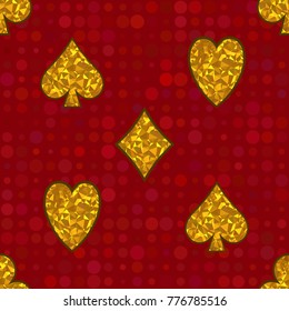 Polygonal yellow symbols of playing cards on red background. Vector Seamless Pattern.