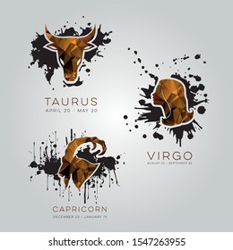 Polygonal zodiac signs. Geometric astrological icons. Colored esoteric background