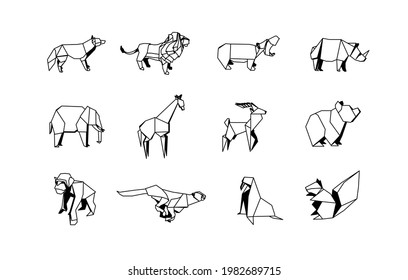 Polygonal Zoo Animals Linear Icons Set. Low poly Animal logo collection.
