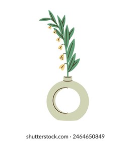 Polygonatum in modern pottery vase with round shape and hole. Solomon's seal with green leaves, cut stem of bloom flower. Floral decoration. Flat isolated vector illustration on white background