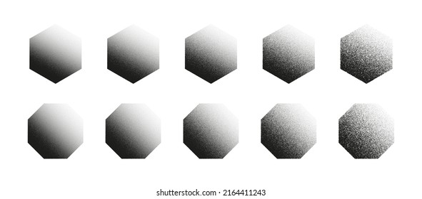 Poligonos Resumen Hexagón Y Octagon Vector De Dotación Estipado, De Mano Y Mano, En Diferentes Variaciones Aisladas En Blanco. Colección de texturas de elementos de diseño de figuras con puntas de color negro de distintos grados
