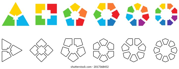 Polygons divided into equal parts, empty space in middle. Version with three to eight segments, black white and colour also with rounded corners, simple infographics element