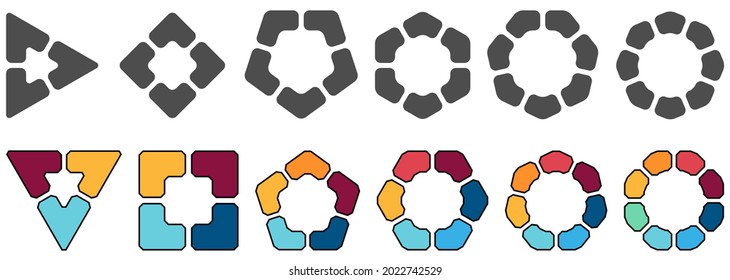 Polygons divided into equal parts, empty space in middle slightly rounded corners. Version with three to eight segments, black white and colour, simple infographics element