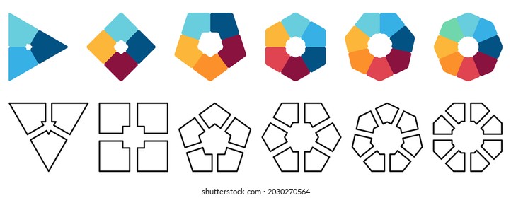 Polygons divided into equal parts, empty space in middle. Version with three to eight segments, black white and colour, simple infographics element