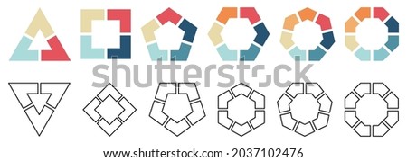 Polygons divided into equal parts, empty space in middle. Version with three to eight segments, black white and colour, simple infographics element