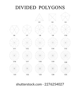 Polygons divided into equal segments from 3 to 25 parts isolated on the white background. Vector.