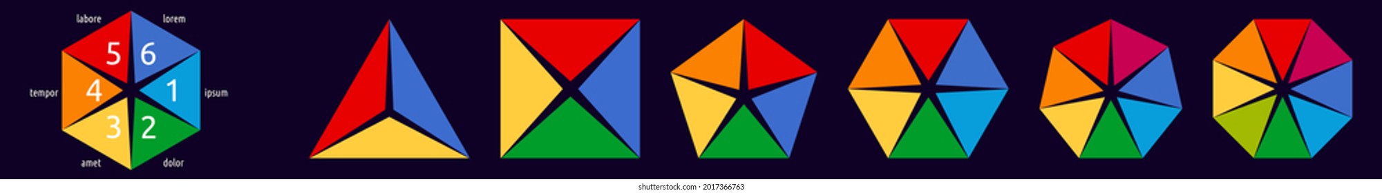 Polygons divided into triangles with some space left, three to eight parts version, simple infographics element