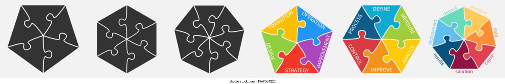 Polygons, five to seven sides, divided into jigsaw puzzle pieces - simple infographics element, gray and color version