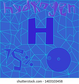 Polygons form the chemical element hydrogen in the center of the composition. At the top of the clump of figures is a word, and at the bottom is a number and a circle.