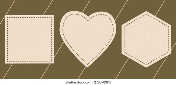  polygons, heart - labels made by textured paper, placed on a striped background. Each object is in separate layer.