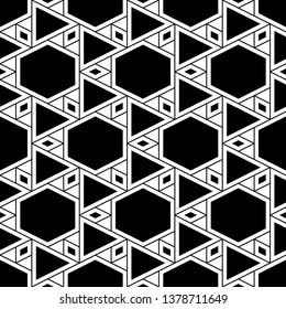 Polygons motif.Seamless ornament.Geometrical backdrop. Triangular, quadrangular, hexagonal shapes wallpaper.Geometric background. Triangles, rhombuses, hexagons pattern. Digital paper, abstract.