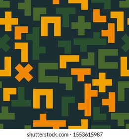 polygons of orange and green shades randomly located on a black background. dark geometric seamless pattern. vector
