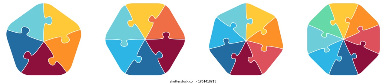 Polygons with rounded corners, five to eight sides, divided into jigsaw puzzle pieces - simple infographics element