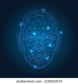 Polygons scan face. Faces unlocked scanner identity grid, digital head-on scanning technology, human head 3d triangulars interactive biometric, vector facial polygonal mesh