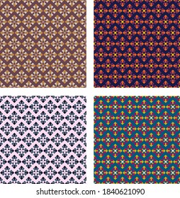 polygons, segments, arrows and stripes are arranged in a specific order. vector set of geometric seamless patterns in four colors.