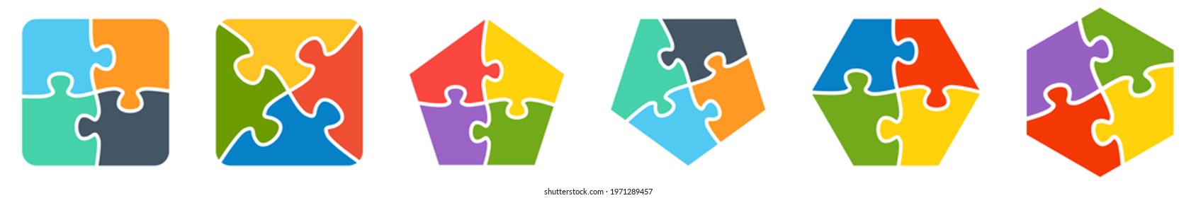 Polygons, square to six sides, divided into four jigsaw puzzle pieces - simple infographics element