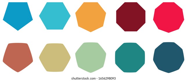 Polygons with various number of sides (pentagon, hexagon, heptagon, octagon, nonagon) icons, sharp and slightly rounded version