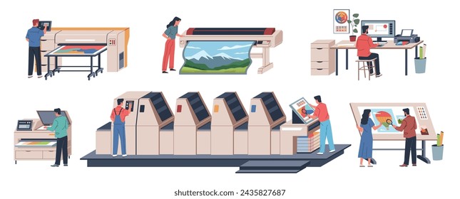 Polygraph equipment. Printing house, workers at machines, printed materials, newspapers and books, automated production. Typography press process cartoon flat isolated nowaday vector set