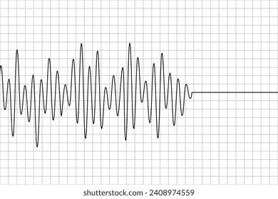 Línea de onda de polígrafo en papel gráfico. Patrón negro de terremotos aislado en fondo blanco. Icono del sismógrafo. Mentira del detector. Escala más rica. Vibración del isómetro. Grabar oscilación. Ilustración del vector