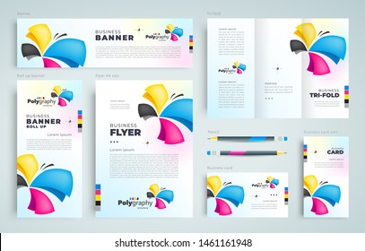 Polygraphy cmyk print graphic designt vector. Abstract multicolored butterfly. Set flyer cover, tri-fold, banner, roll up banner, business card