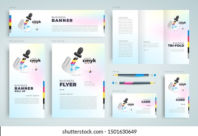 Polygraphy cmyk print theme Set flyer cover, tri-fold, banner, roll up banner, business card