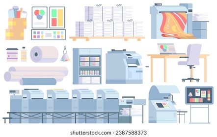 Polygraphy equipment isolated set for publishing industry and production. Digital, offset devices and machines set for print, color proof, paper cut and laminate vector illustration