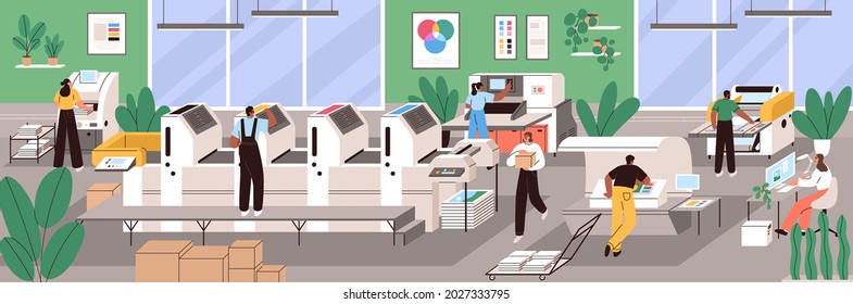 Polygraphy industry. Production process in printing house. Modern printshop company with equipment. People in prepress office with paper machine and printer. Flat vector illustration of typography svg