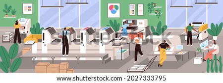 Polygraphy industry. Production process in printing house. Modern printshop company with equipment. People in prepress office with paper machine and printer. Flat vector illustration of typography Stock photo © 