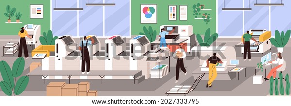 Polygraphy industry. Production process in\
printing house. Modern printshop company with equipment. People in\
prepress office with paper machine and printer. Flat vector\
illustration of\
typography