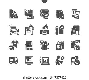 Polygraphy. Plotter printing. Color swatches. Outdoor advertising. Typography, press, machine, scanner, equipment, industry and printery. Vector Solid Icons. Simple Pictogram