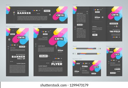 Сmyk polygraphy print theme Set flyer cover, tri-fold, banner, roll up banner, business card black color