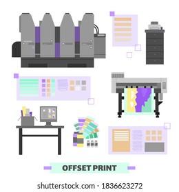 Polygraphy and printing house equipment and facility set of flat cartoon vector illustrations isolated on white background. Offset print and typography items collection.
