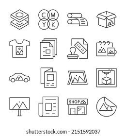 Polygraphy services, products icons set.  Printing on various surfaces and objects, linear icon collection. Line with editable stroke