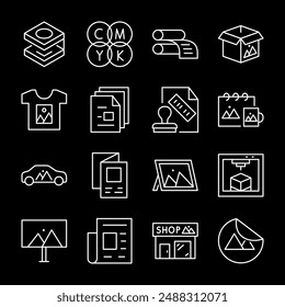 Polygraphy services, white line icons. Printing on various surfaces and objects. Ideal for advertising and marketing themes. Symbols on black background. Editable stroke.