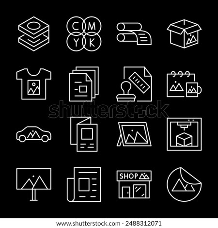 Polygraphy services, white line icons. Printing on various surfaces and objects. Ideal for advertising and marketing themes. Symbols on black background. Editable stroke.