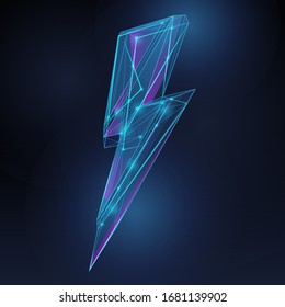 Relámpago poliédrico azul translúcido. Dibujo en 3D de arte con símbolo de malla polígonal de baja polilla.Puntos, líneas y formas sobre fondo oscuro.